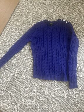 Lands' End Cobalt Blue Cable-Knit Crew Sweater with Shoulder Buttons 100%cotton